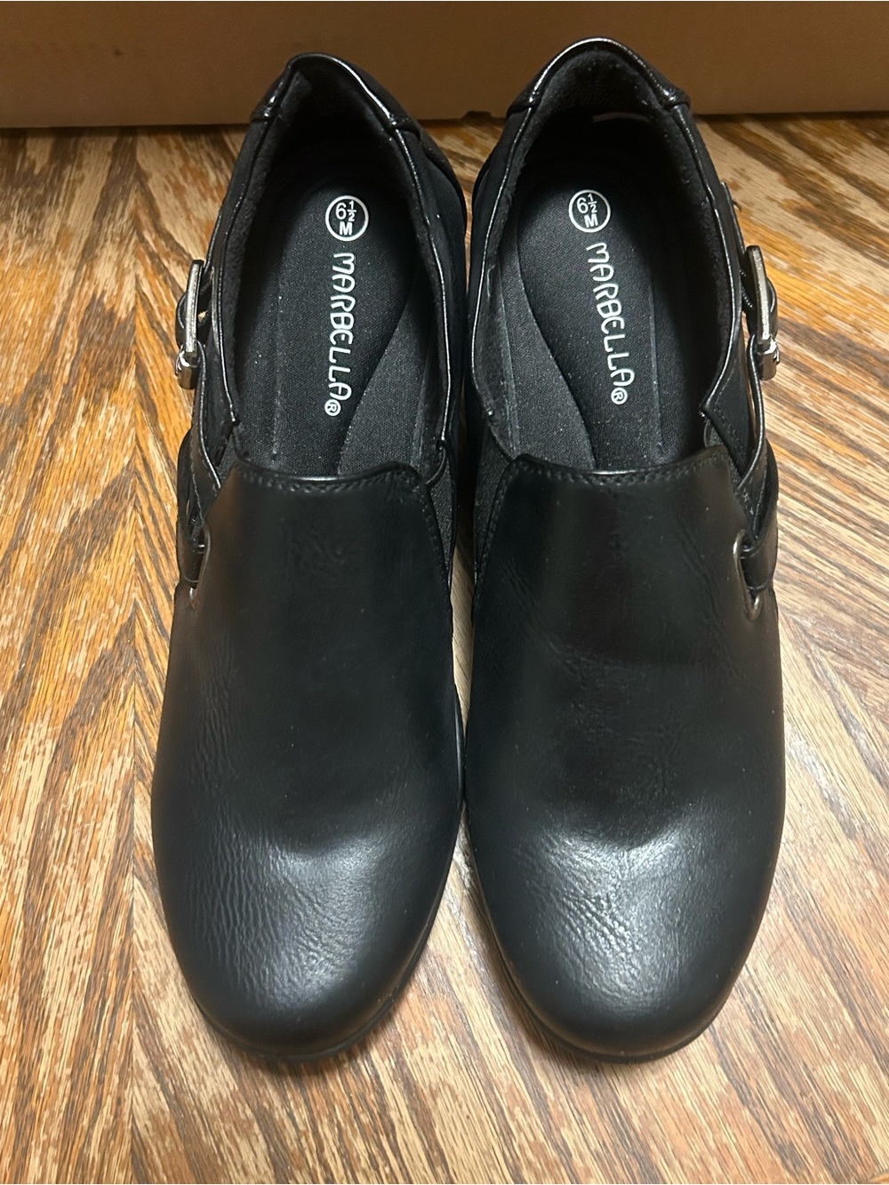 Marbella Black Comfort Slip-On Block Heels Side Buckle Accent Size 6.5M